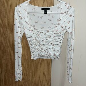 Forever 21 White Ruched Crop Blouse Long Sleeve